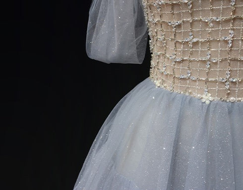 Light Blue Tulle Ball Gown Wedding Dress - Off-Shoulder Wedding Dress - Beaded Corset Back Wedding Dress Plus Size